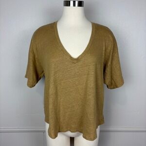 Faherty Womens Oceanside Linen V Neck Tee Size Large Antique Bronze Nature Loose